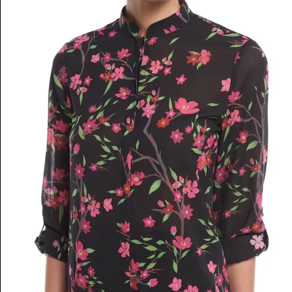 Alice + Olivia Floral Eloise Sheer Silk Button Front Mandarin Collar Blouse READ - Picture 1 of 5